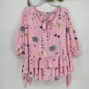 CHICME Pink floral Open Sleeves Tiered Pearl Button Oversized Cottagecore Blouse